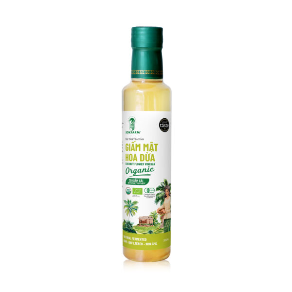 Giấm mật hoa dừa organic Sokfarm, chai thủy tinh 265ml