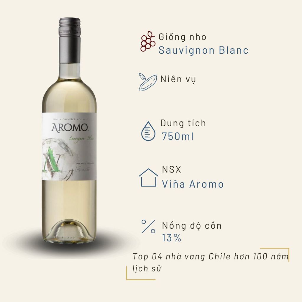 Rượu vang trắng Chile Aromo Varietal Sauvignon Blanc 13%