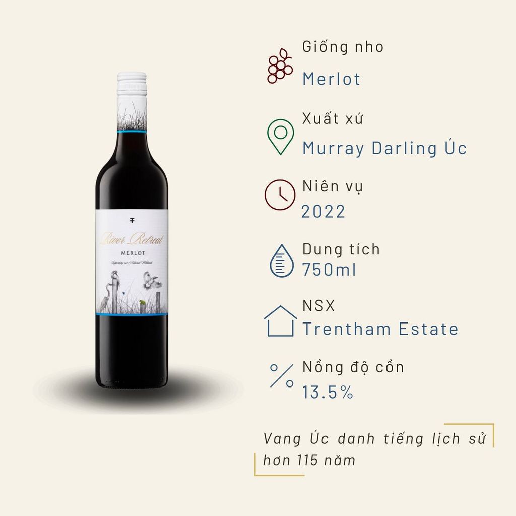 ượu vang đỏ Úc River Retreat Merlot 13.5% Murray Darling 2022