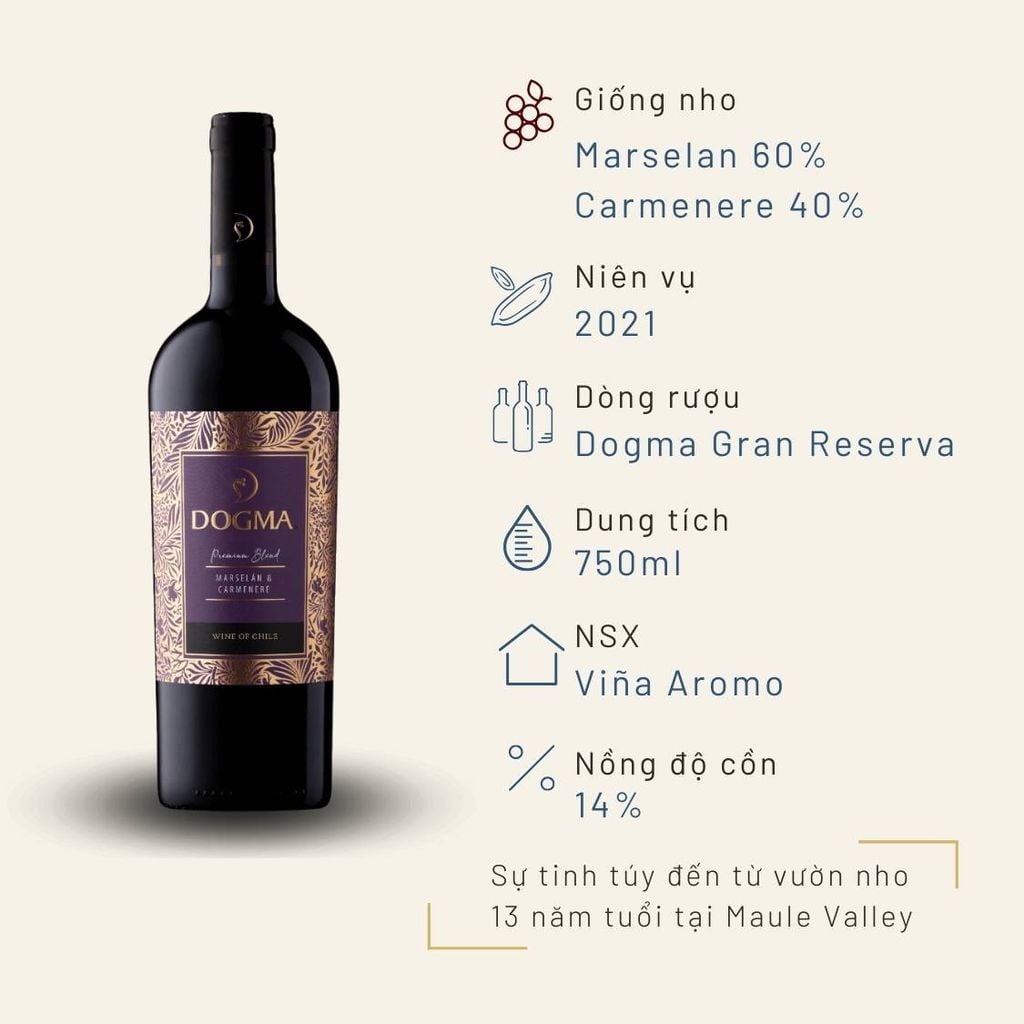 Rượu vang đỏ Dogma Gran Reserva Marselan & Carmenere 14%